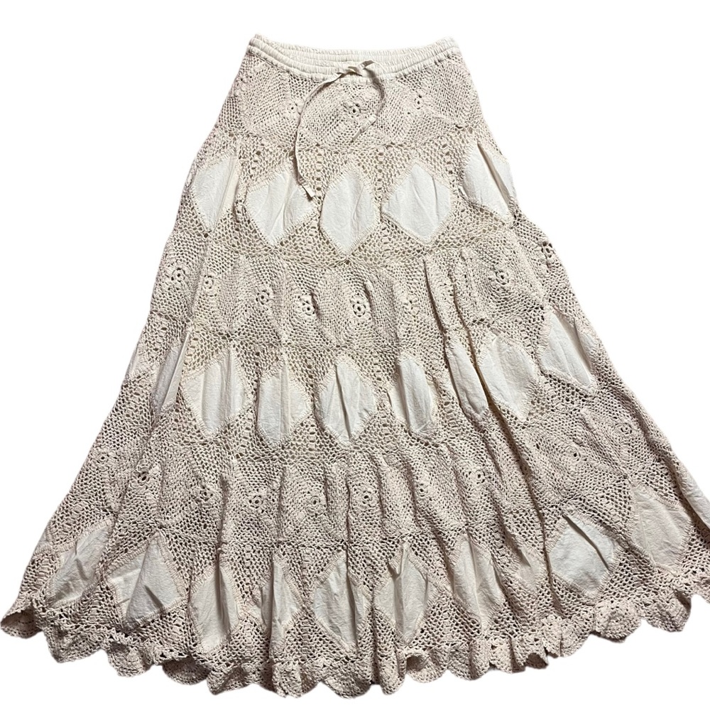 ANU by Natural Crochet Lace Maxi Skirt Women’s Small A-Line Creamy Beige Cotton